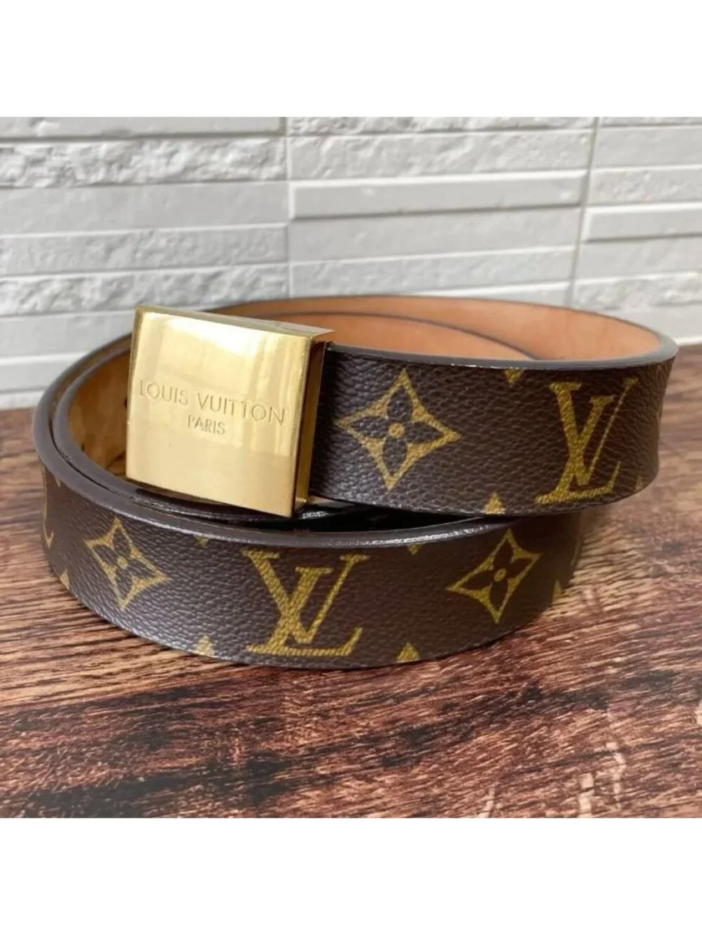 Louis Vuitton Leather Monogram Ceinture Belt Gold Brown